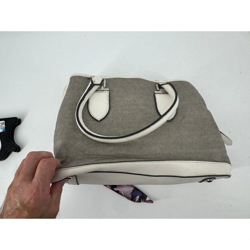 London Fog Satchel Handbag Womens Medium Grey White Faux Leather Scarf Detail‎